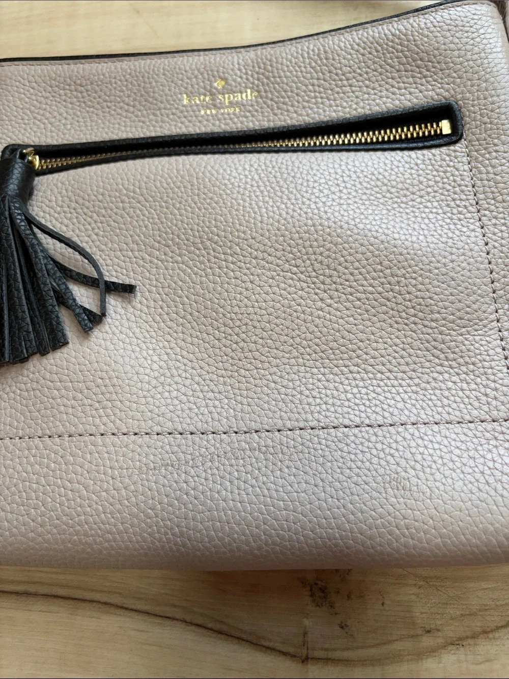 kate spade Pebble Leather Taupe Crossbody with Black Tassel Wristlet